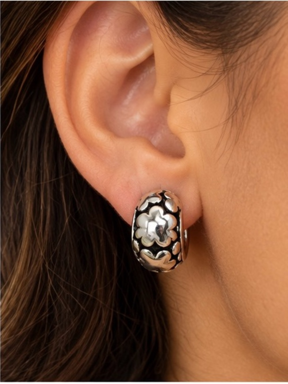 Vintage Silver Tone Black Floral Huggie Hoop Earrings